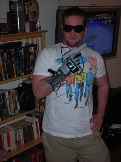 KC in a Star Trek t-shirt with an NES laser gun