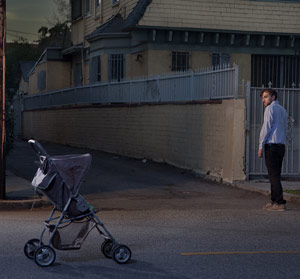 Stroller abandoned in the middle of the street