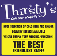 Beer ad for Thirsty's beer and liquor