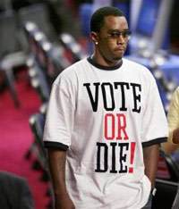 P. Diddy wearing a Vote or Die tshirt