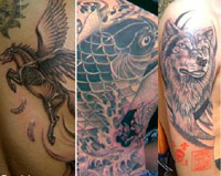 Unicorn, fish and wolf tattoos