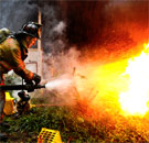 Firefighter putting out fire in the woods