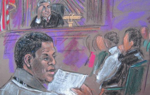 Courtroom sketch of frustrated lawyer