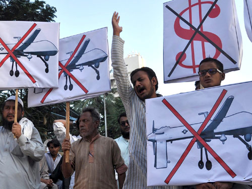 Pakistan drones protest signs