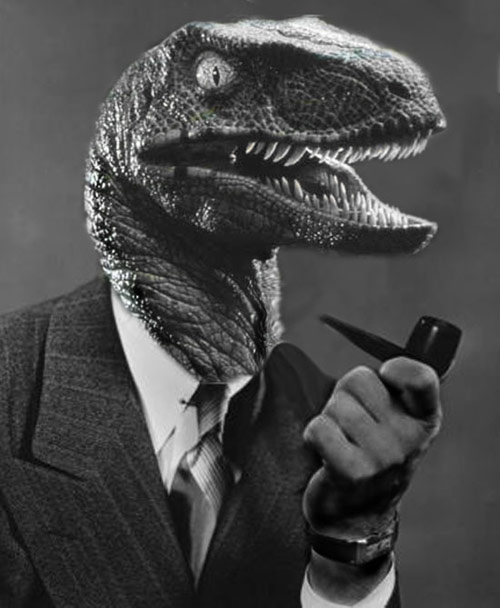 Raptor dinosaur in a suit jacket smoking a pipe