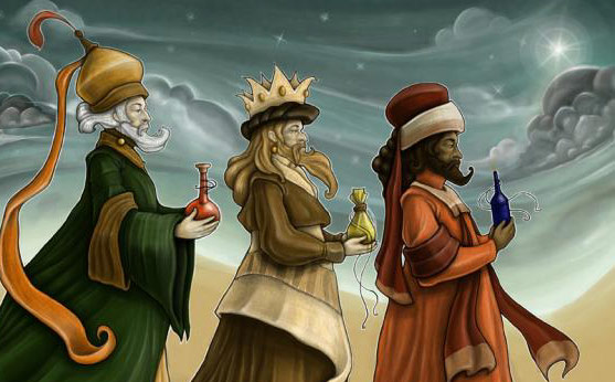 Three Wise Men holding bottles