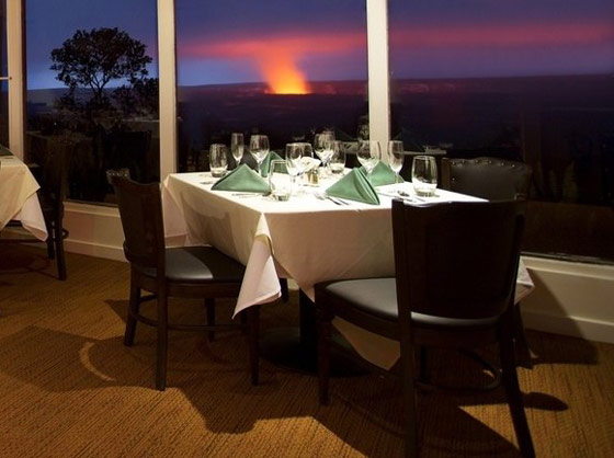 Active volcano next to a restaurant