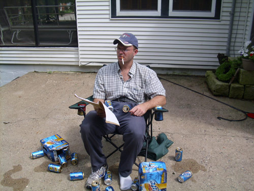 Wes Jansen having beers in the driveway