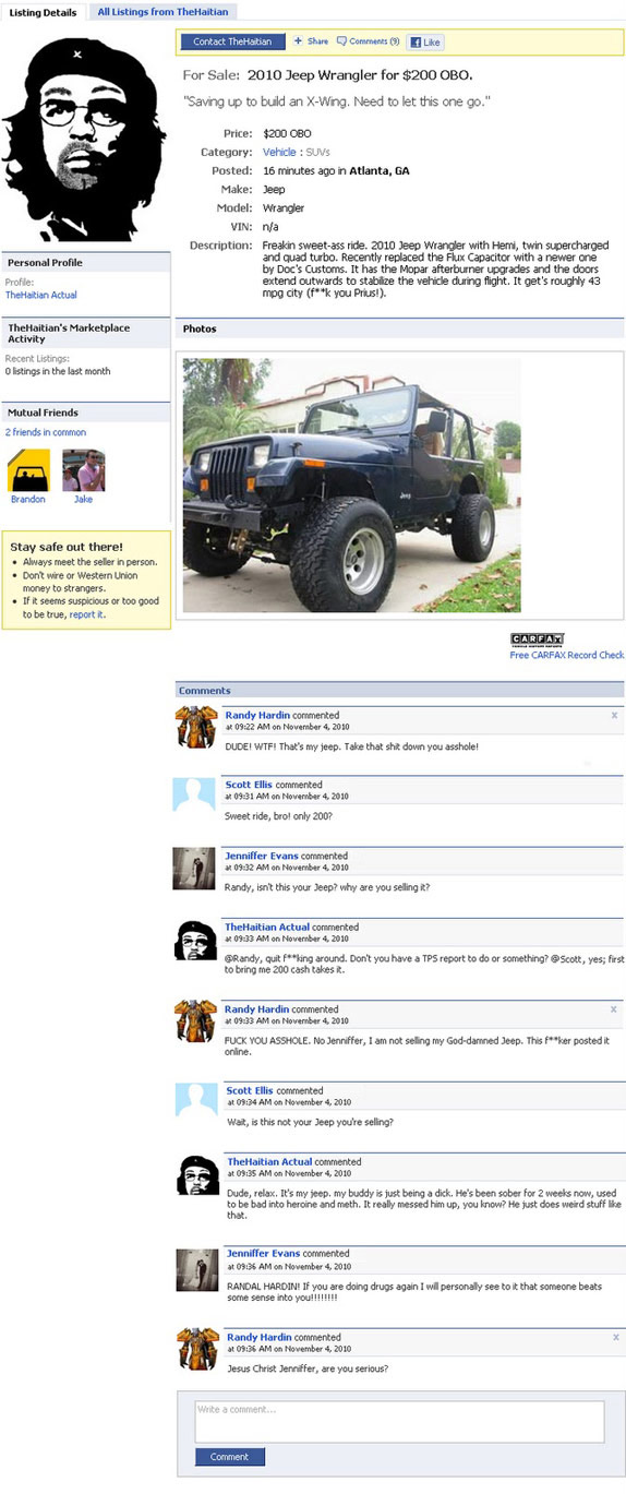 Sell friend's Jeep on Facebook Marketplace