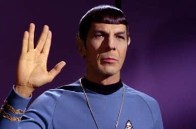 Leonard Nimoy as Spock giving the hand sign