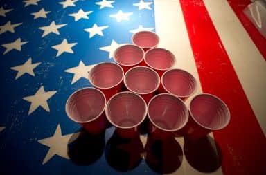 Red solo cups on an American flag table