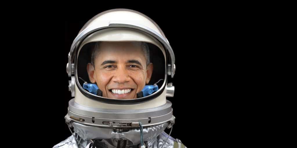 Barack Obama in space wearing an astronaut helmet