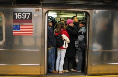 Crowded NYC subway car