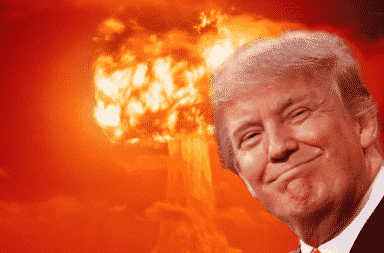 Donald Trump smiling in front of nuclear bomb detonation