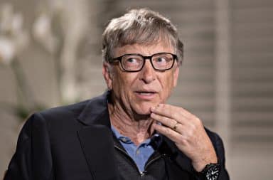 Bill Gates skeptical pose with hand on chin