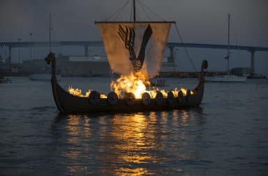 Boat on fire for a Viking funeral pyre