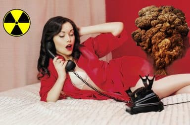 Nuclear apocalypse and phone sex hotline woman in red lingerie