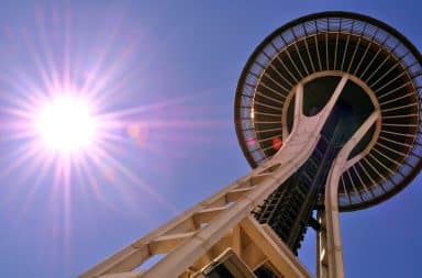 Sun shining on the Space Needle in Seattle