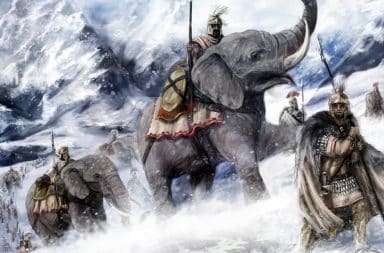 Hannibal crossing the Alps with his army and elephants