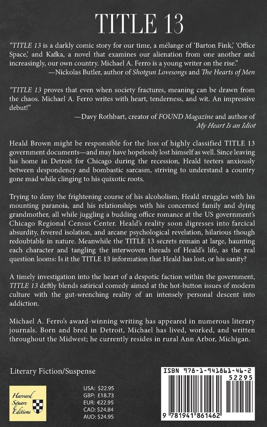 TITLE 13 by Michael Ferro (book back cover)