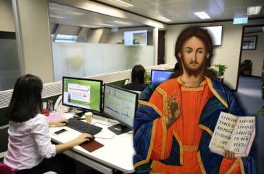 jesus in the office okay you know some shenanigans are about to go down