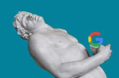 European art statue sculpture with Google logo