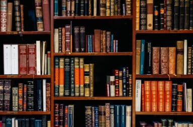 Wooden bookshelf with classic books