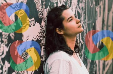 Google Brain logo swirling around a pondering woman