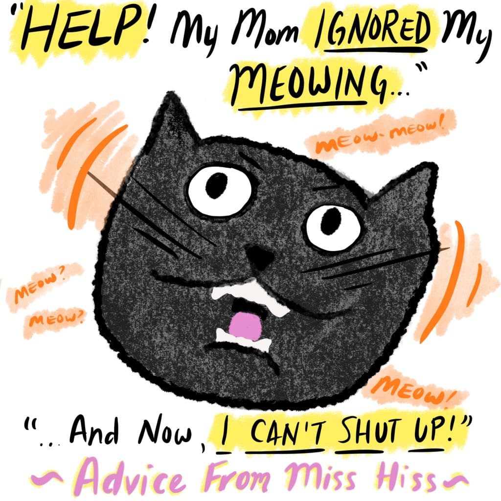 "Help! My mom ignored my meowing and now I can't SHUT UP!" Advice from Miss Hiss. [Image is of a cat with their mouth wide open mid-meow.]