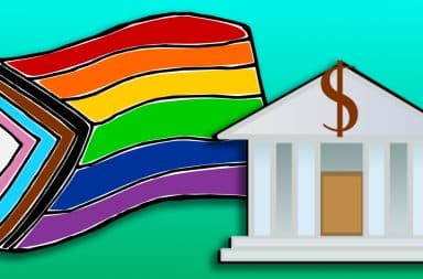 bank and a pride flag
