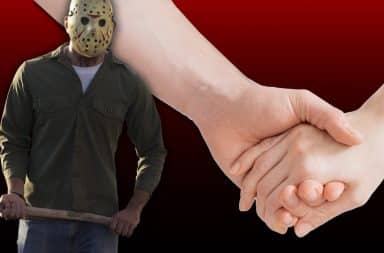 axe murderer slasher and a couple holding hands