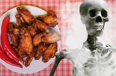 chicken wings and a dead skeleton guy