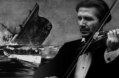 guy playing a violin while the titanic sinks in the background