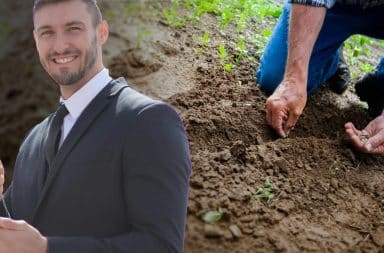 business guy and a guy planting