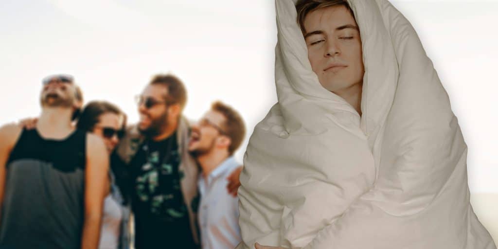 guy in a blanket in front of his pals
