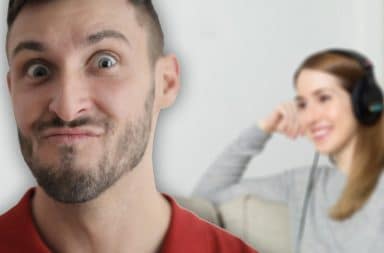 weird guy and a lady on podcast mode
