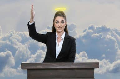 it's a politician making a speech in heaven