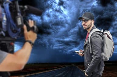 storm reporter in the storm